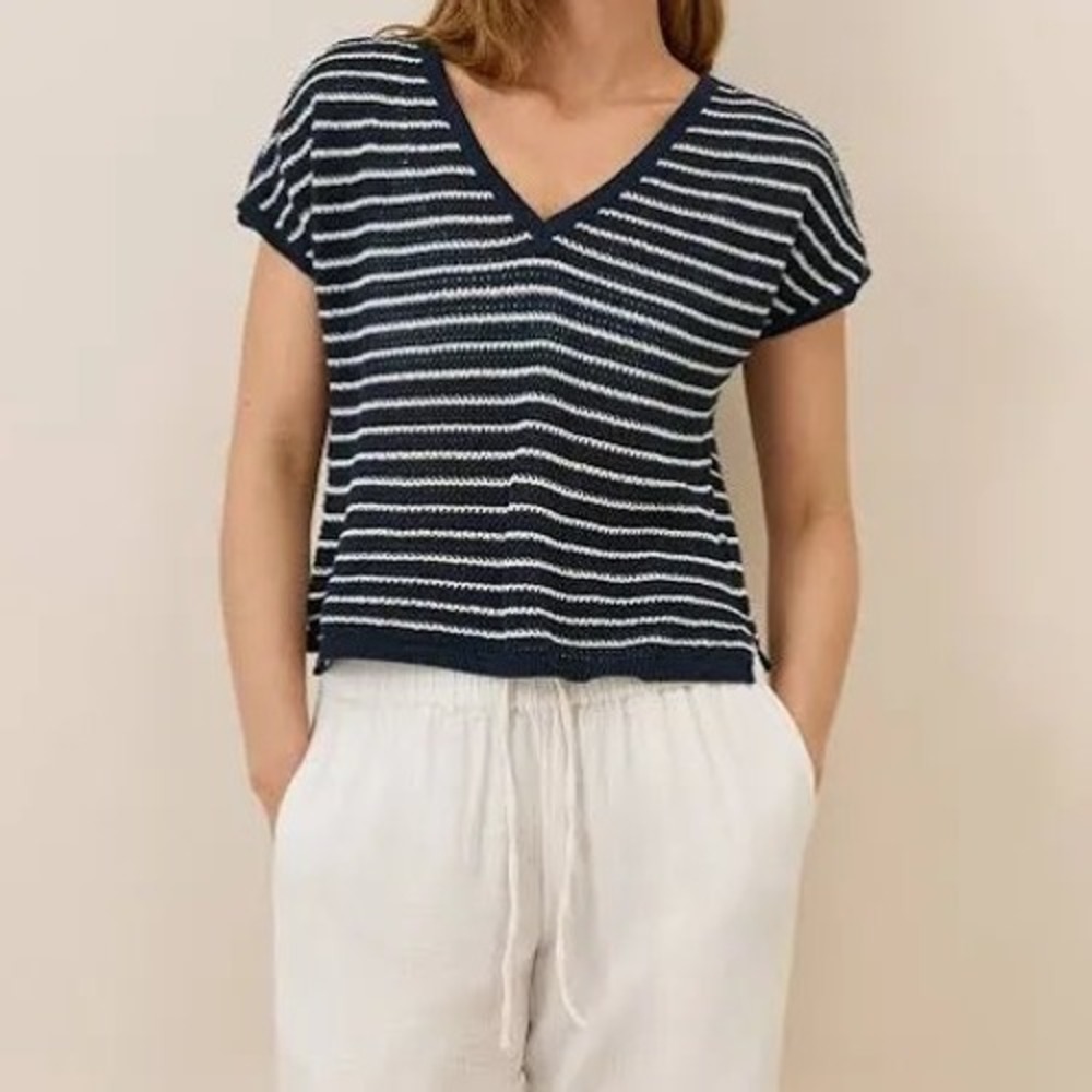 Pact Beachside Crochet V Neck Top Women L Navy White EUC Organic Cotton Linen